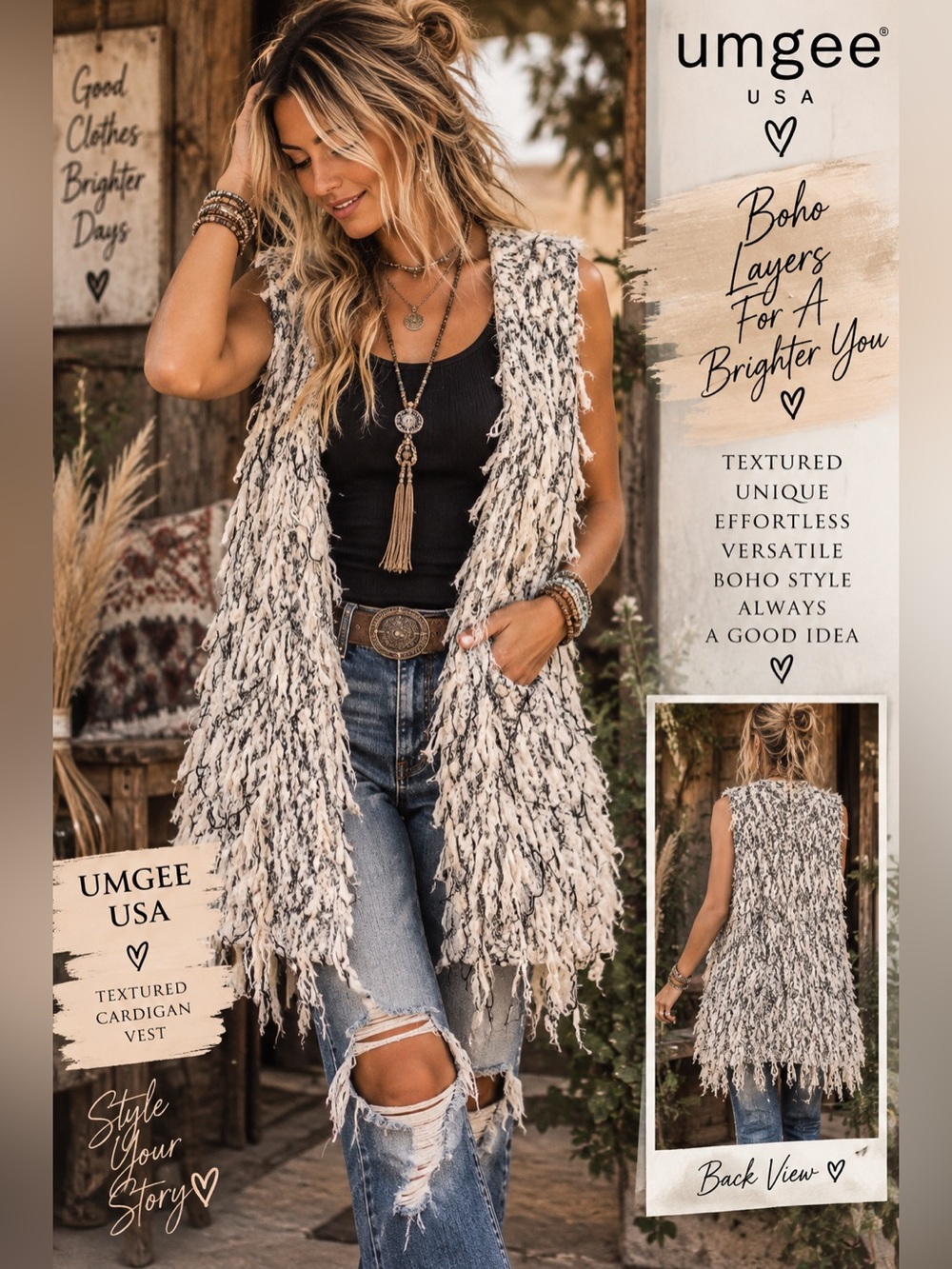 Umgee USA Textured Fringe Open Front Cardigan Vest S/M Boho Cream Black